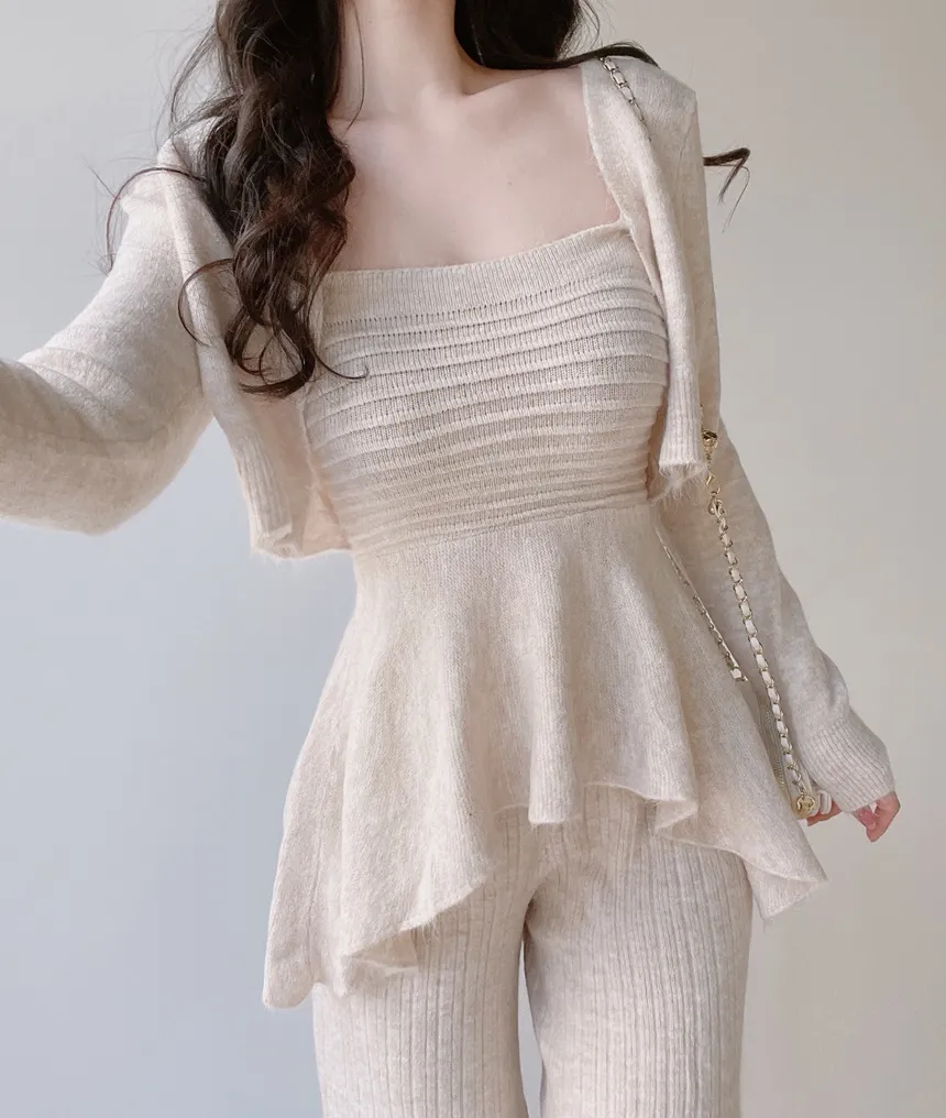 ウール混長袖クロップドフレアウエストゴムワイド3 SETキャミソールカーディガンパンツ | mirangmirang | 詳細画像6