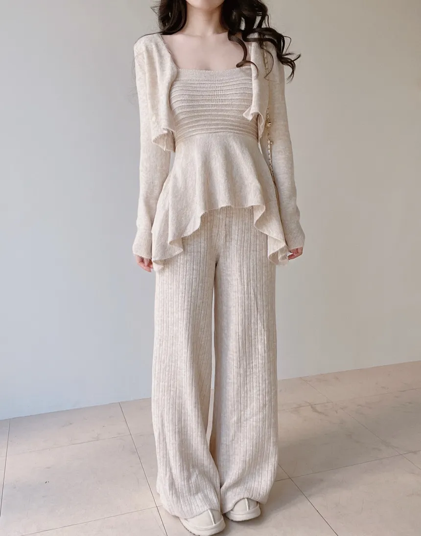 ウール混長袖クロップドフレアウエストゴムワイド3 SETキャミソールカーディガンパンツ | mirangmirang | 詳細画像13