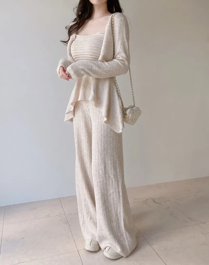 ウール混長袖クロップドフレアウエストゴムワイド3 SETキャミソールカーディガンパンツ | mirangmirang | 詳細画像14