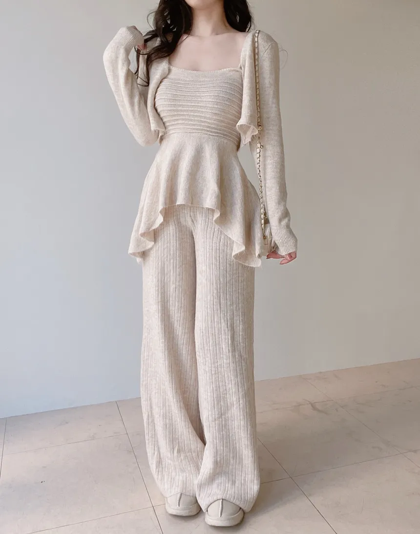 ウール混長袖クロップドフレアウエストゴムワイド3 SETキャミソールカーディガンパンツ | mirangmirang | 詳細画像15