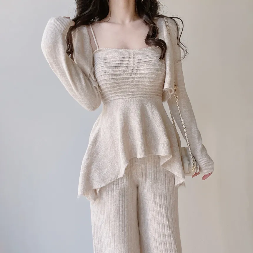 ウール混長袖クロップドフレアウエストゴムワイド3 SETキャミソールカーディガンパンツ | mirangmirang | 詳細画像17