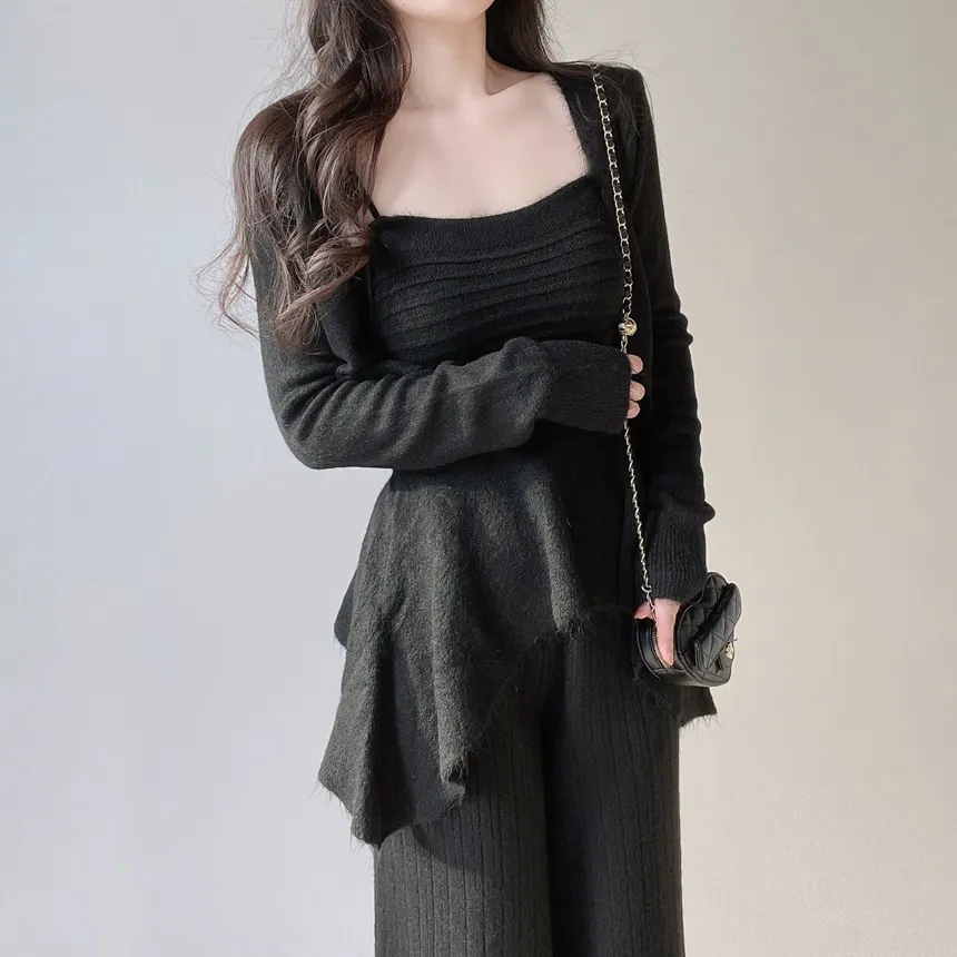 ウール混長袖クロップドフレアウエストゴムワイド3 SETキャミソールカーディガンパンツ | mirangmirang | 詳細画像18