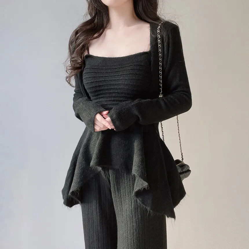 ウール混長袖クロップドフレアウエストゴムワイド3 SETキャミソールカーディガンパンツ | mirangmirang | 詳細画像19