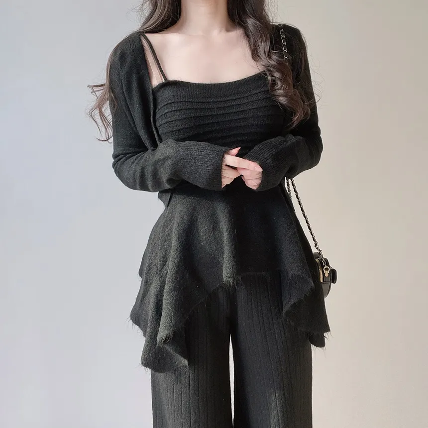 ウール混長袖クロップドフレアウエストゴムワイド3 SETキャミソールカーディガンパンツ | mirangmirang | 詳細画像21