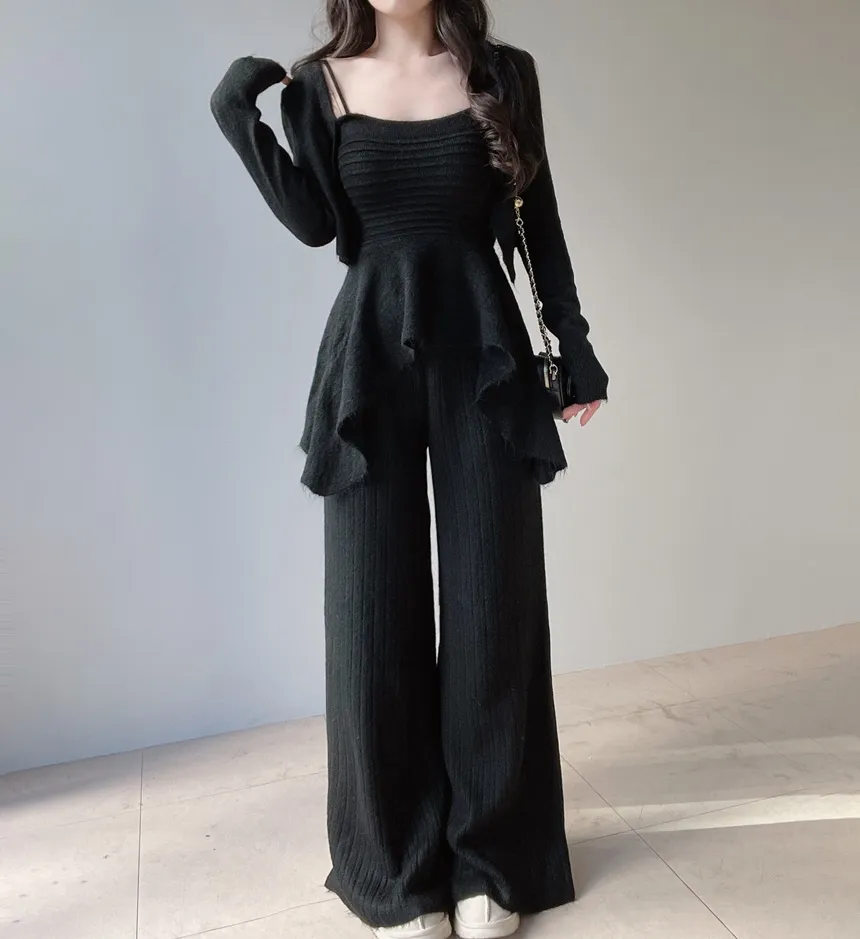 ウール混長袖クロップドフレアウエストゴムワイド3 SETキャミソールカーディガンパンツ | mirangmirang | 詳細画像22