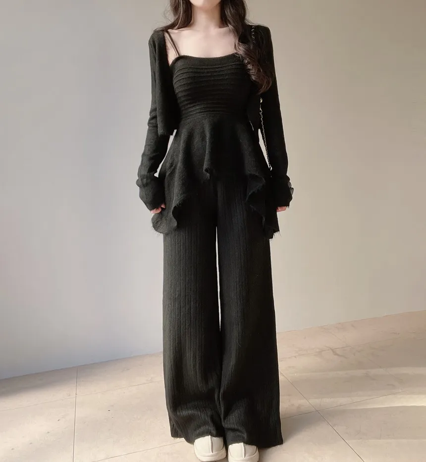 ウール混長袖クロップドフレアウエストゴムワイド3 SETキャミソールカーディガンパンツ | mirangmirang | 詳細画像23