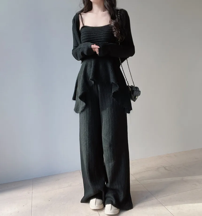 ウール混長袖クロップドフレアウエストゴムワイド3 SETキャミソールカーディガンパンツ | mirangmirang | 詳細画像24