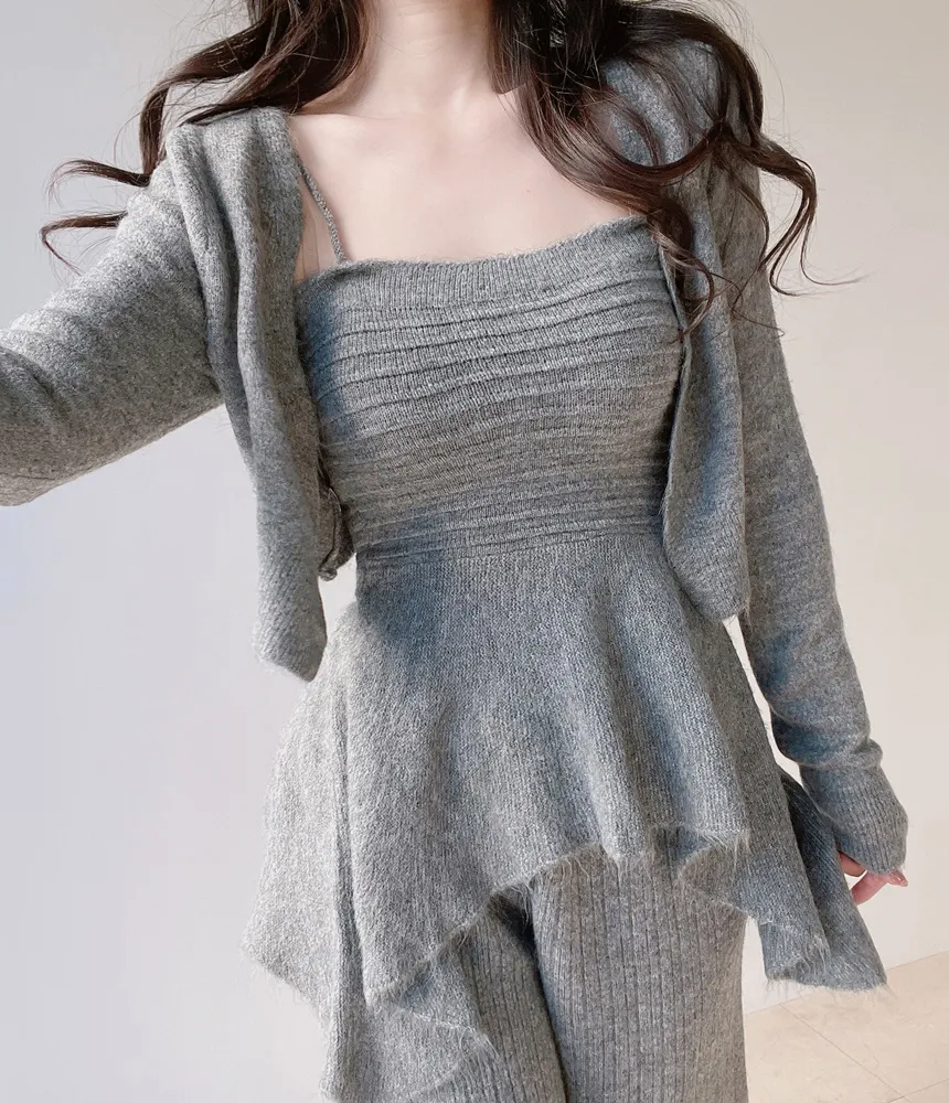 ウール混長袖クロップドフレアウエストゴムワイド3 SETキャミソールカーディガンパンツ | mirangmirang | 詳細画像26