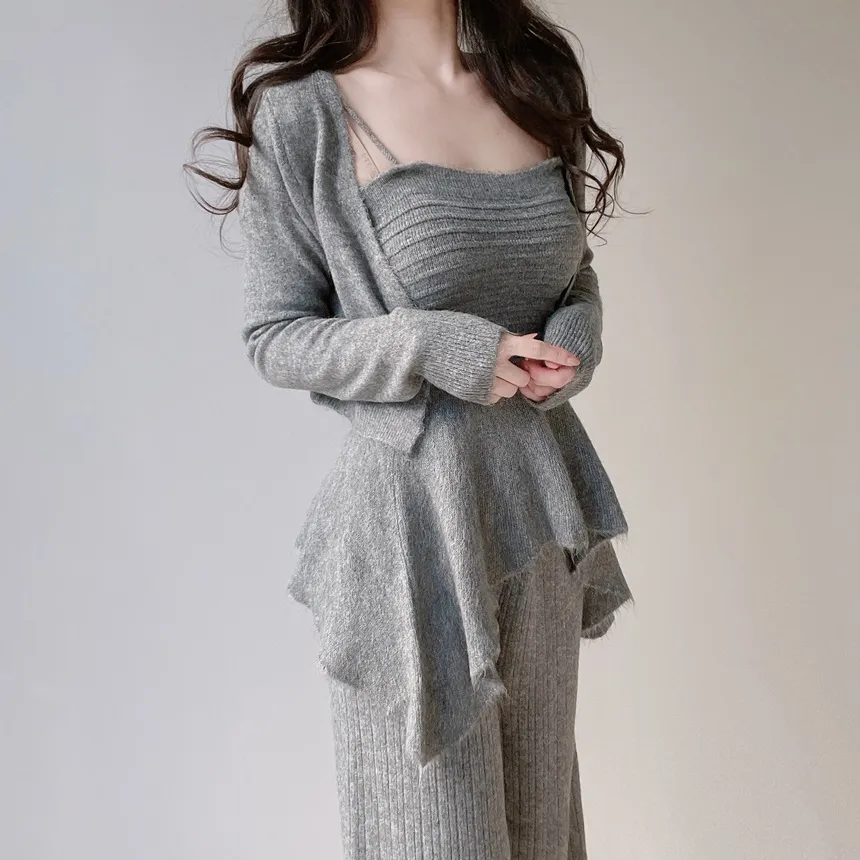 ウール混長袖クロップドフレアウエストゴムワイド3 SETキャミソールカーディガンパンツ | mirangmirang | 詳細画像27