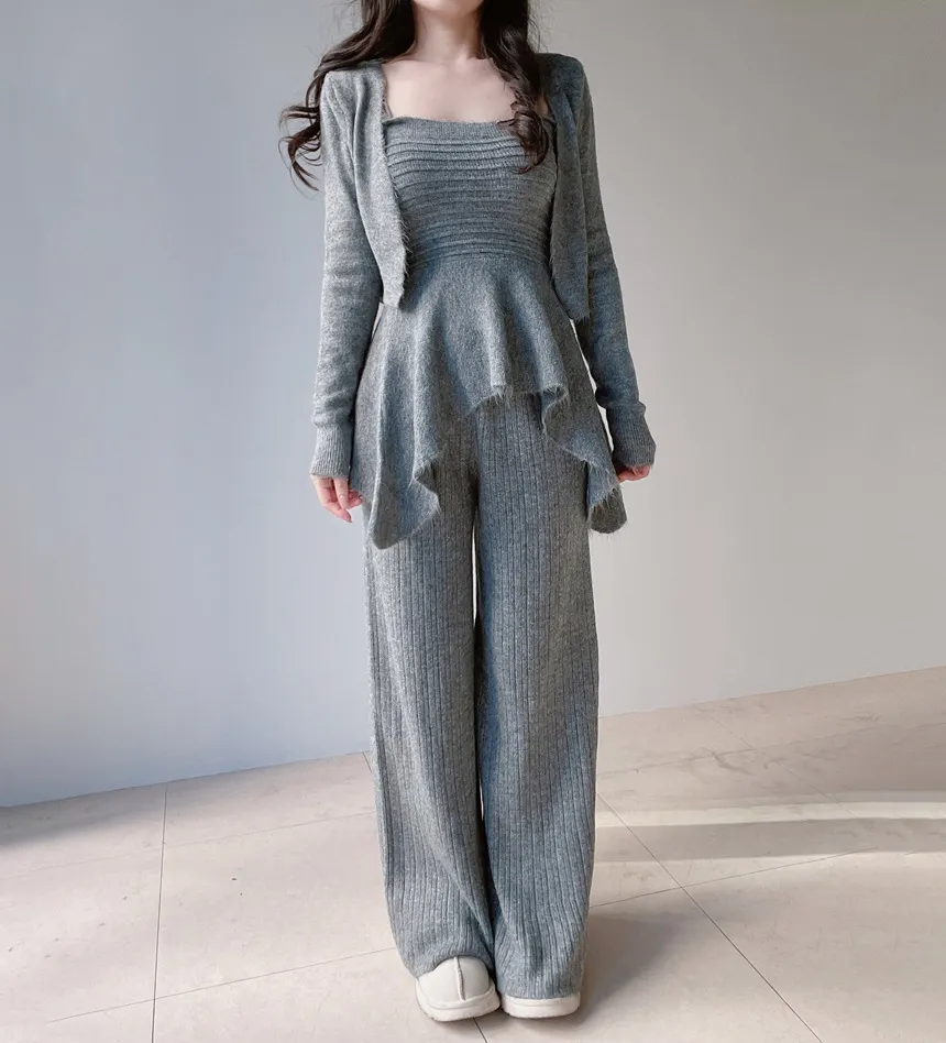 ウール混長袖クロップドフレアウエストゴムワイド3 SETキャミソールカーディガンパンツ | mirangmirang | 詳細画像30