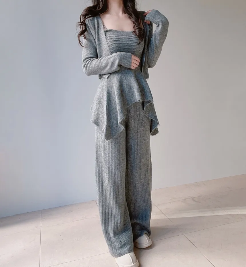 ウール混長袖クロップドフレアウエストゴムワイド3 SETキャミソールカーディガンパンツ | mirangmirang | 詳細画像31