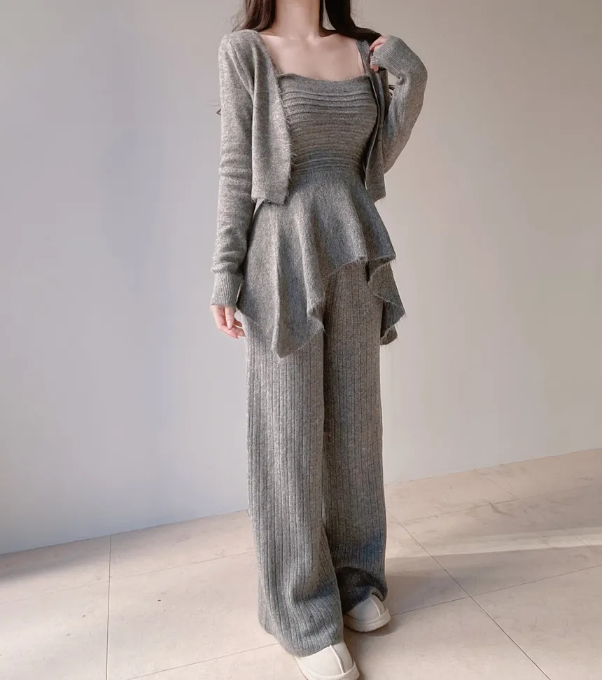 ウール混長袖クロップドフレアウエストゴムワイド3 SETキャミソールカーディガンパンツ | mirangmirang | 詳細画像32