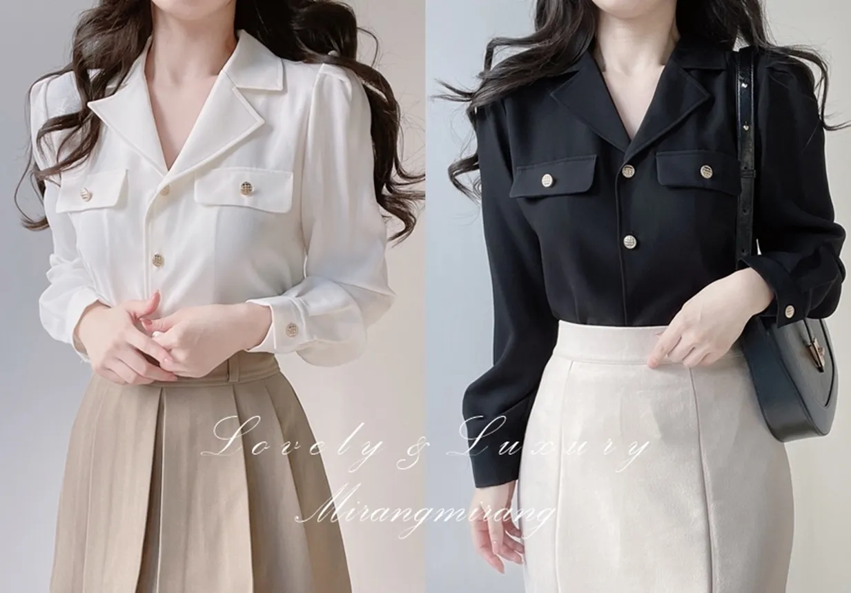 カラーVネックボタンブラウス | mirangmirang | 詳細画像1