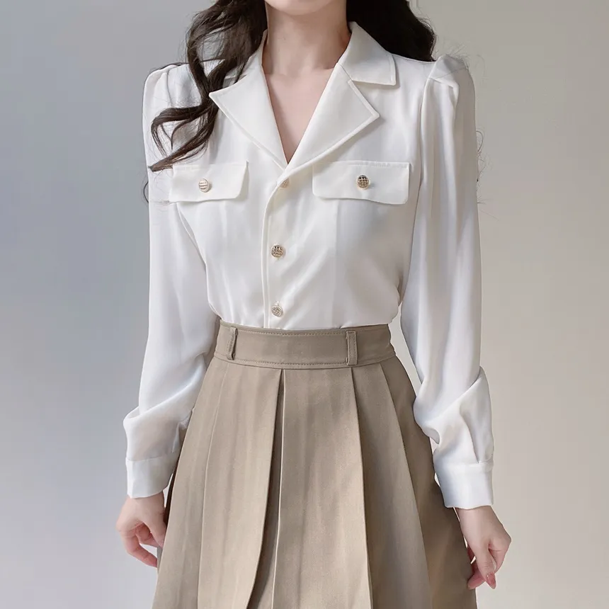 カラーVネックボタンブラウス | mirangmirang | 詳細画像3