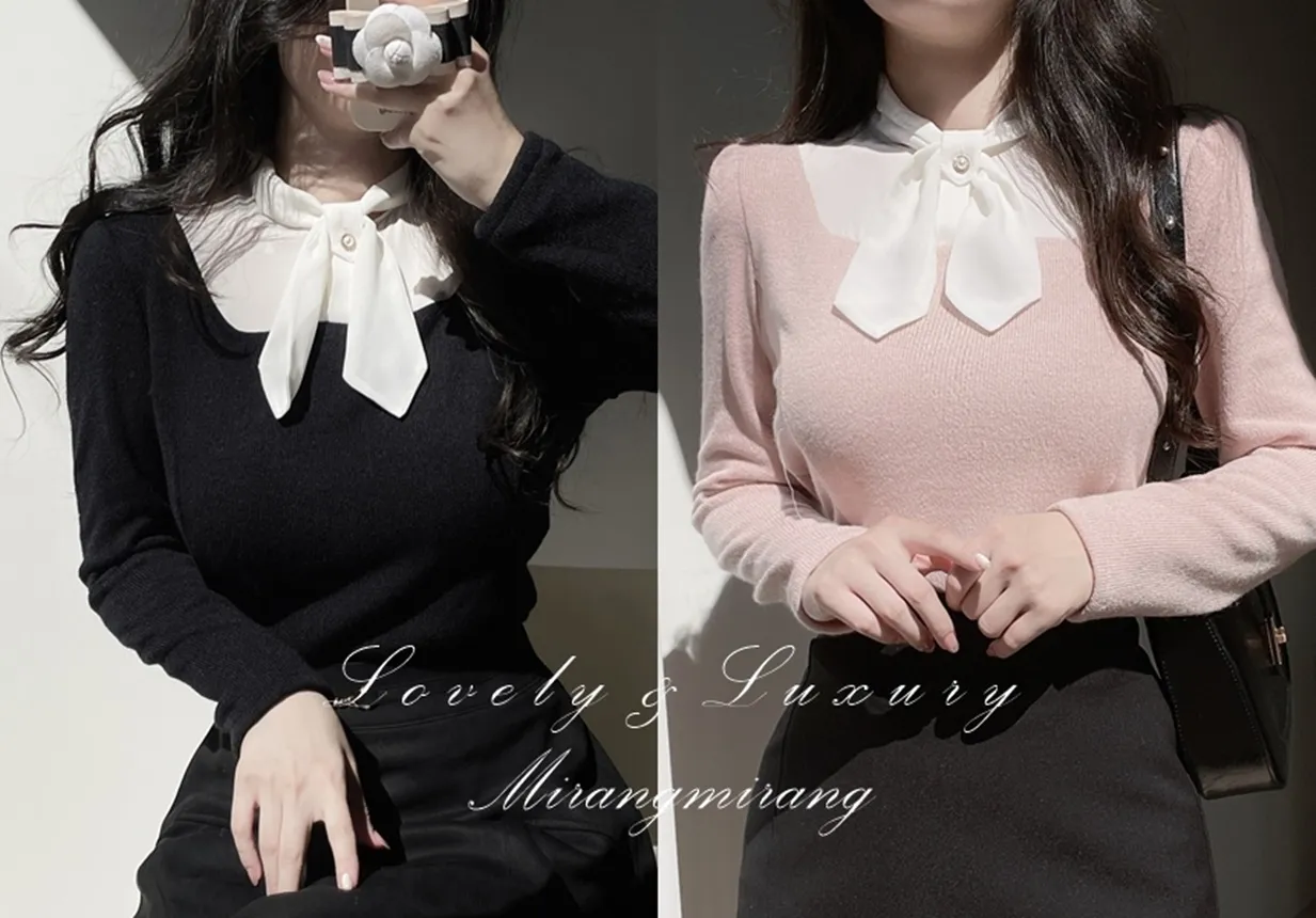 リボン長袖カラー配色ブラウス | mirangmirang | 詳細画像1