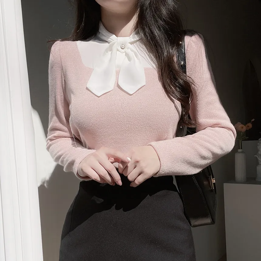 リボン長袖カラー配色ブラウス | mirangmirang | 詳細画像2