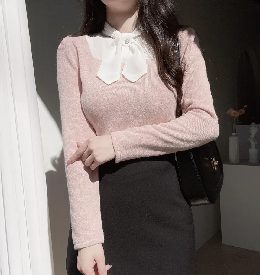 リボン長袖カラー配色ブラウス | mirangmirang | 詳細画像3