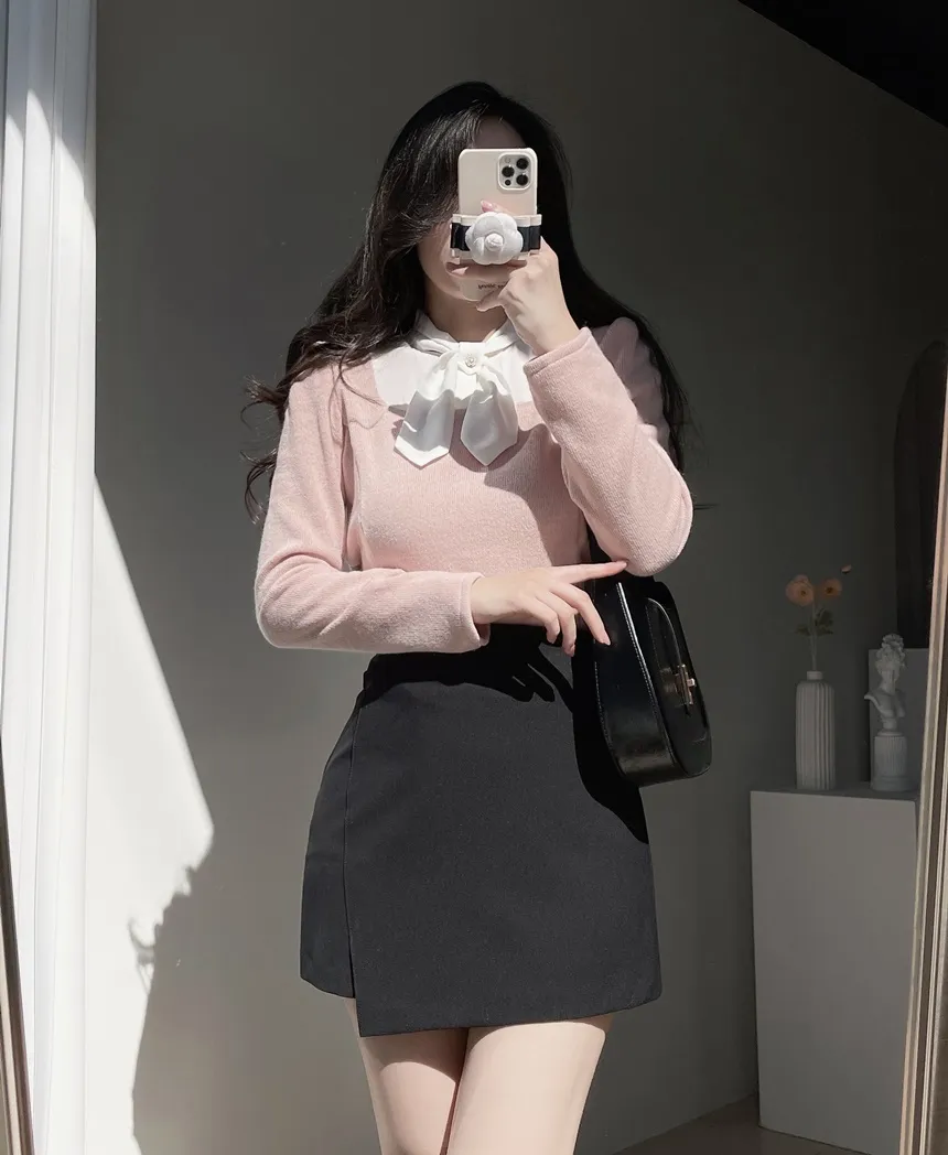 リボン長袖カラー配色ブラウス | mirangmirang | 詳細画像4