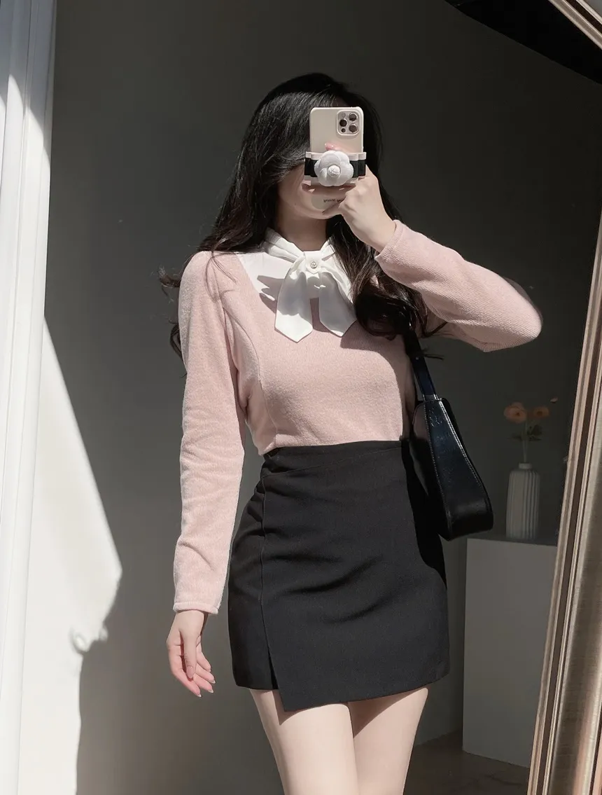 リボン長袖カラー配色ブラウス | mirangmirang | 詳細画像5