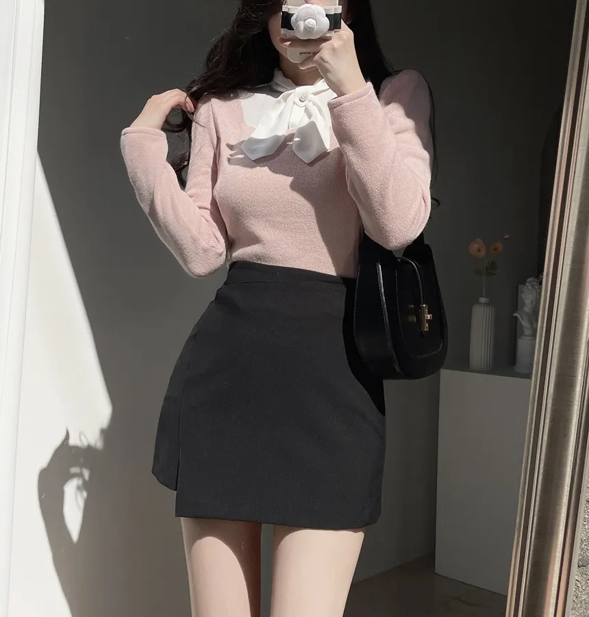 リボン長袖カラー配色ブラウス | mirangmirang | 詳細画像6