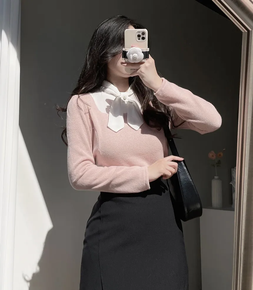 リボン長袖カラー配色ブラウス | mirangmirang | 詳細画像7