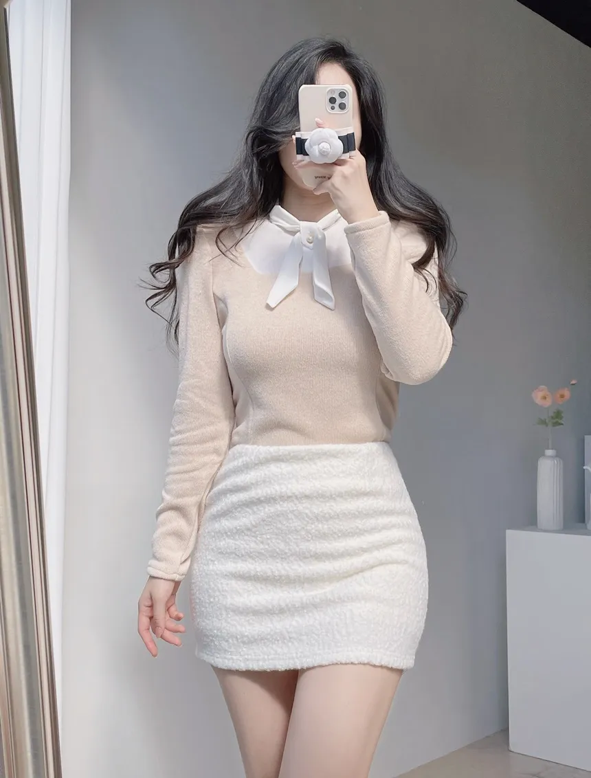 リボン長袖カラー配色ブラウス | mirangmirang | 詳細画像13