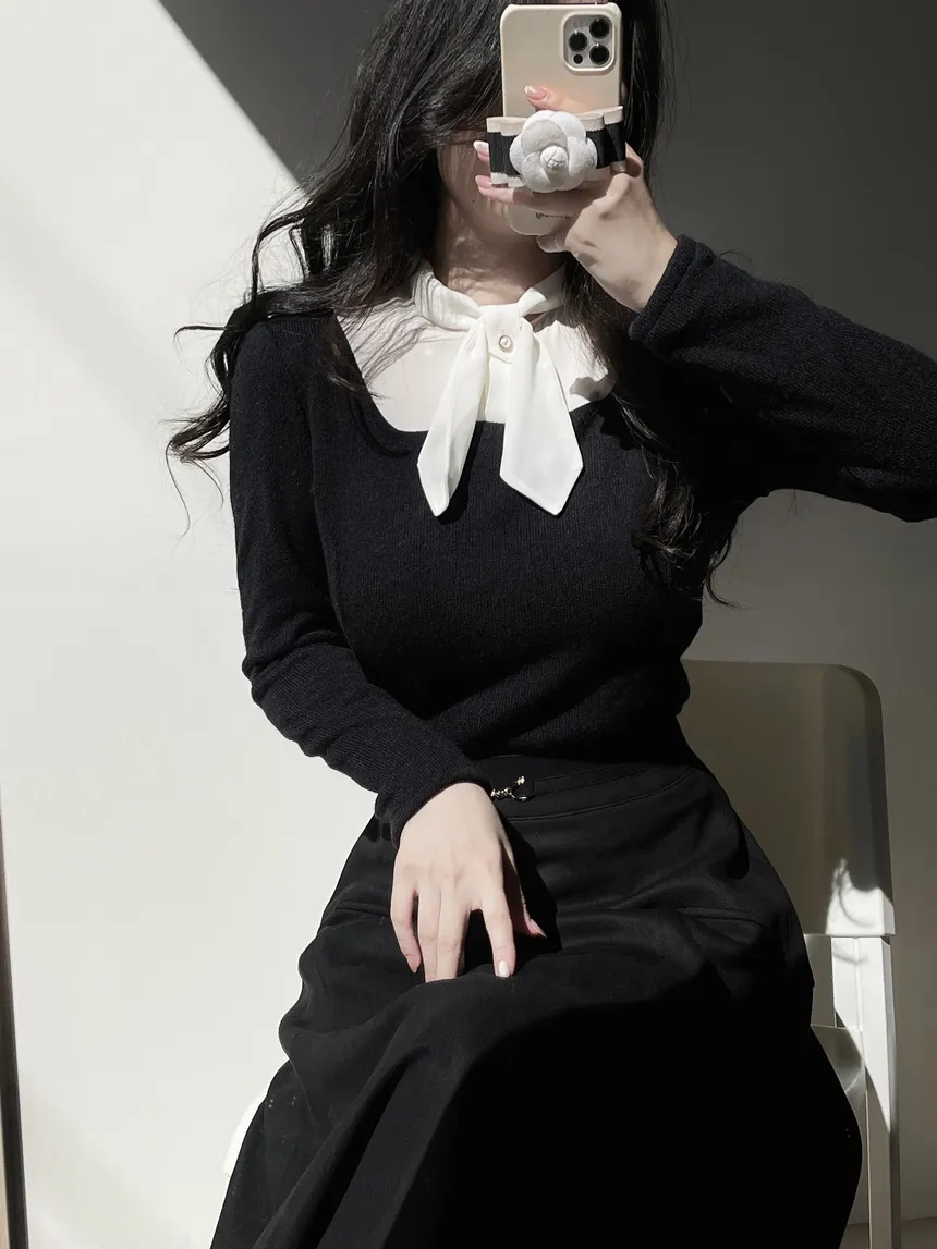 リボン長袖カラー配色ブラウス | mirangmirang | 詳細画像14