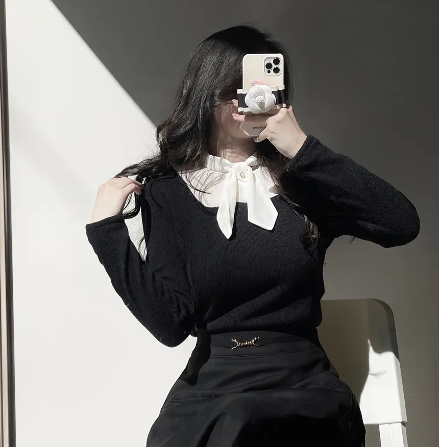 リボン長袖カラー配色ブラウス | mirangmirang | 詳細画像15