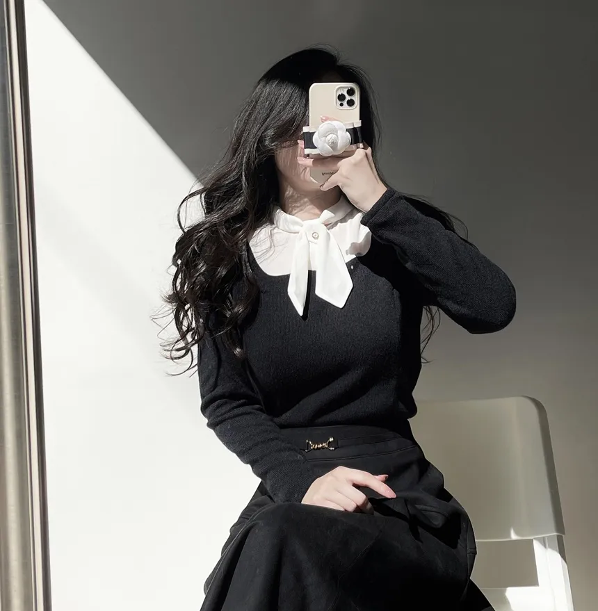 リボン長袖カラー配色ブラウス | mirangmirang | 詳細画像16