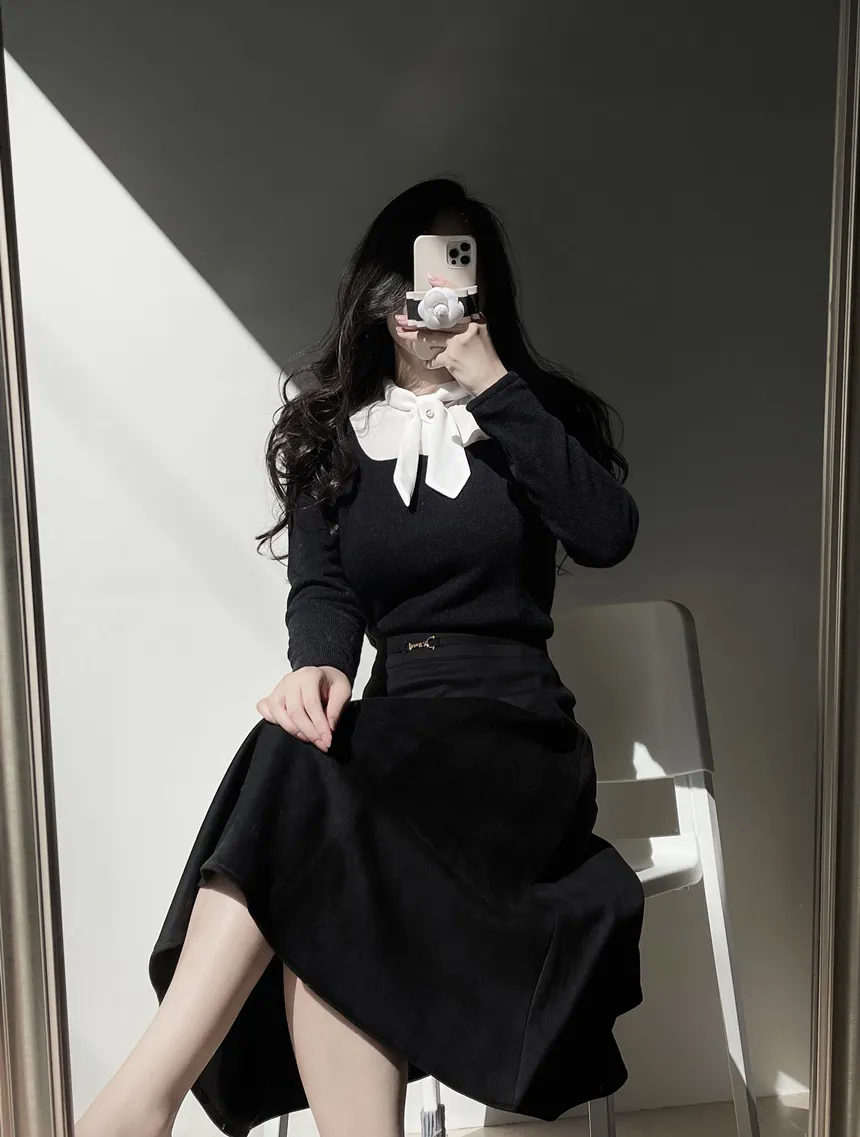 リボン長袖カラー配色ブラウス | mirangmirang | 詳細画像17