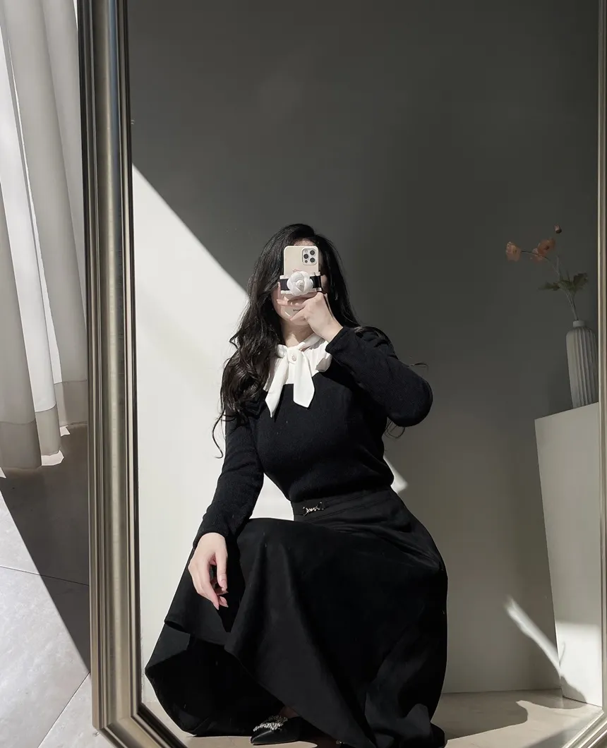 リボン長袖カラー配色ブラウス | mirangmirang | 詳細画像22