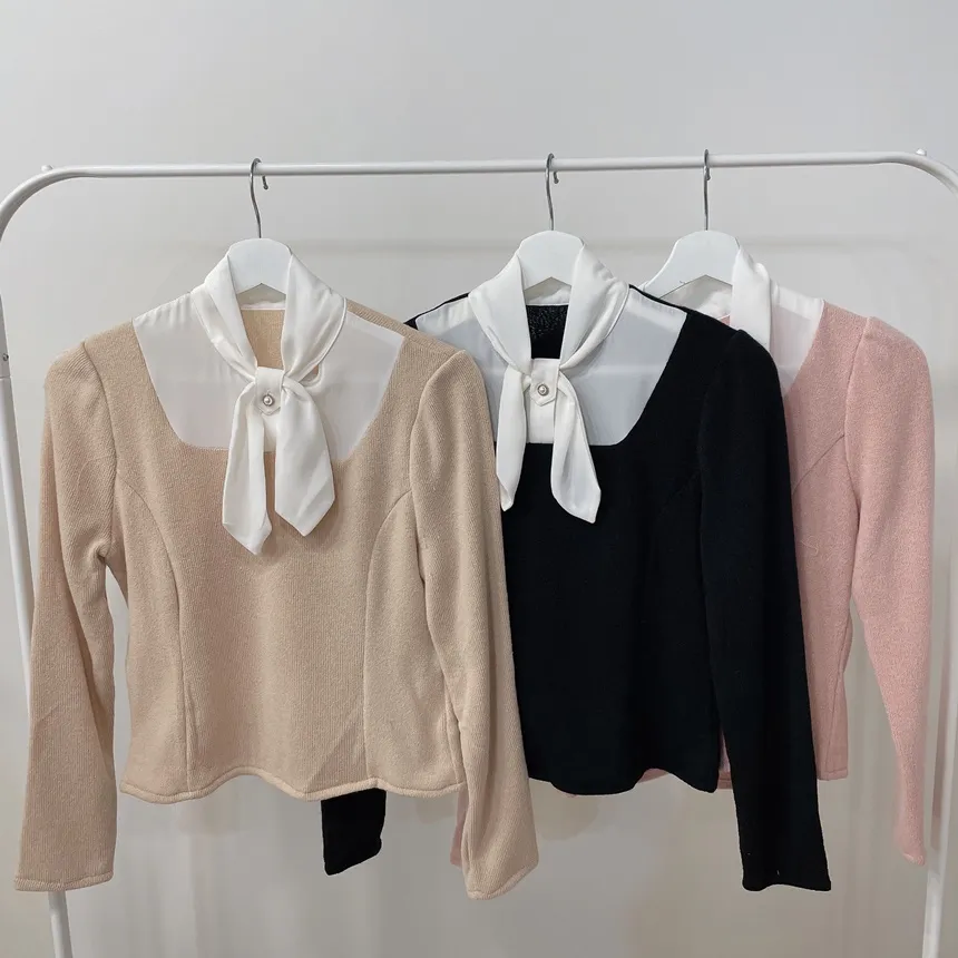 リボン長袖カラー配色ブラウス | mirangmirang | 詳細画像25