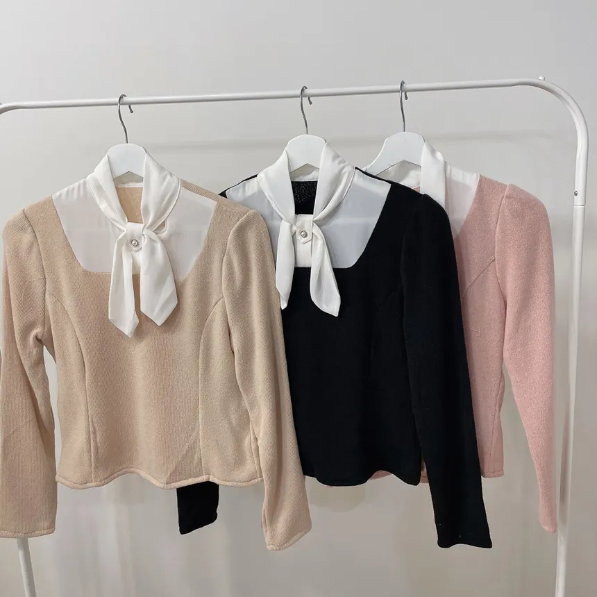 リボン長袖カラー配色ブラウス | mirangmirang | 詳細画像26