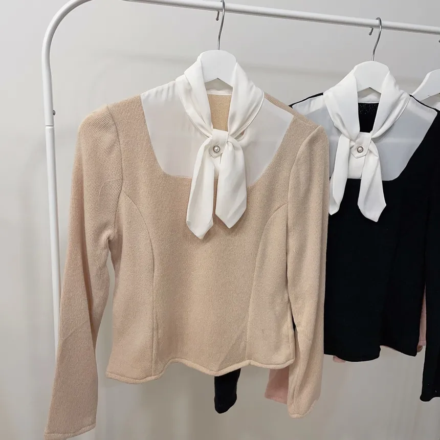 リボン長袖カラー配色ブラウス | mirangmirang | 詳細画像27