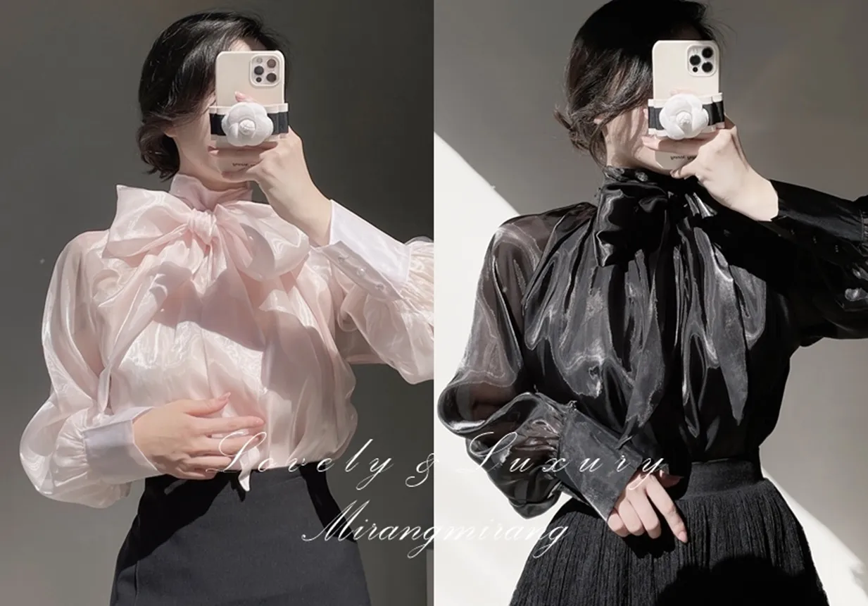 サテンリボン長袖カラーブラウス | mirangmirang | 詳細画像1