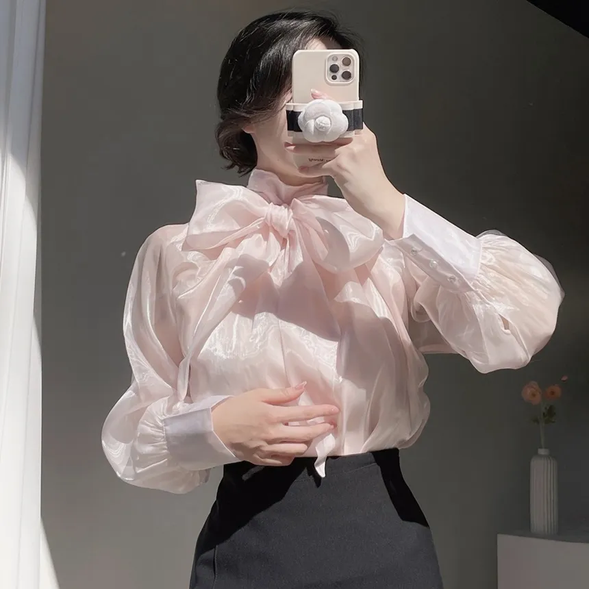 サテンリボン長袖カラーブラウス | mirangmirang | 詳細画像2