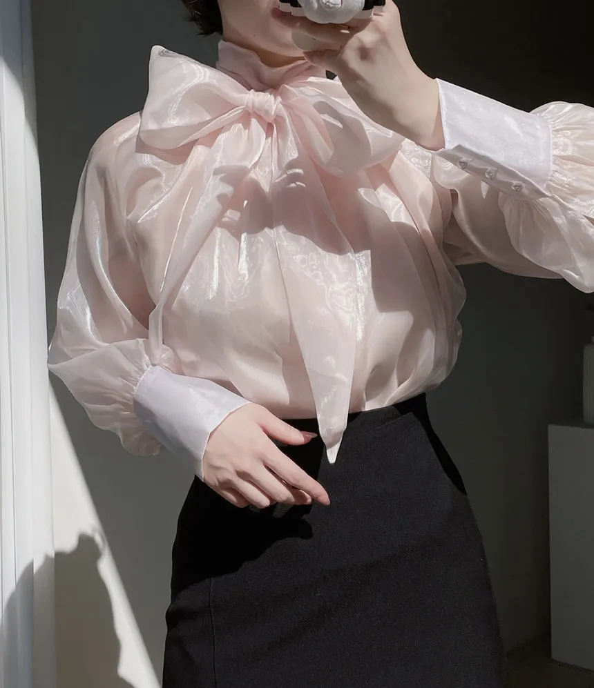 サテンリボン長袖カラーブラウス | mirangmirang | 詳細画像3