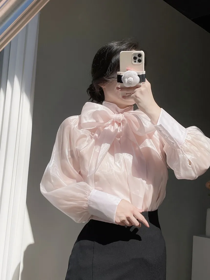 サテンリボン長袖カラーブラウス | mirangmirang | 詳細画像4