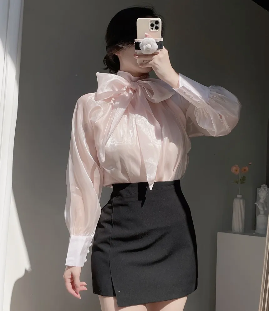 サテンリボン長袖カラーブラウス | mirangmirang | 詳細画像5