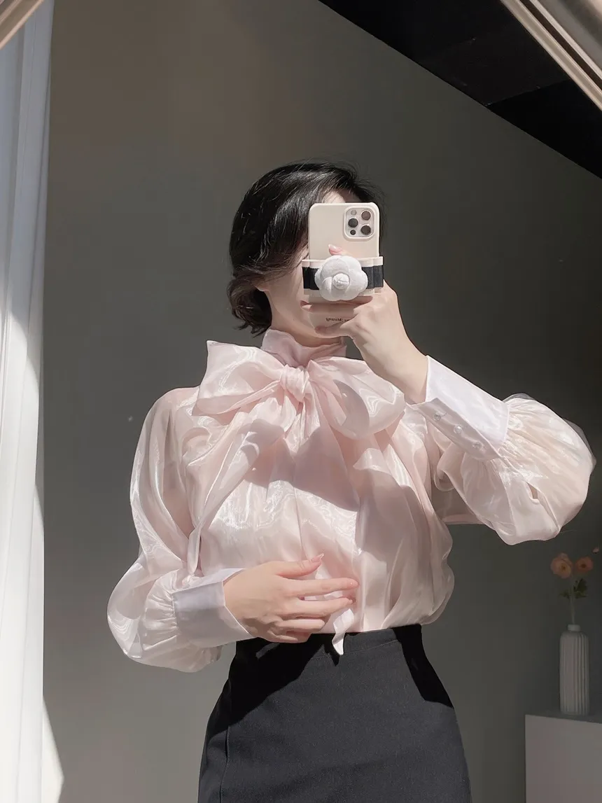 サテンリボン長袖カラーブラウス | mirangmirang | 詳細画像6