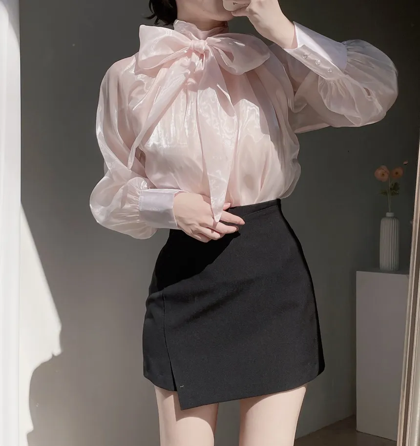 サテンリボン長袖カラーブラウス | mirangmirang | 詳細画像7