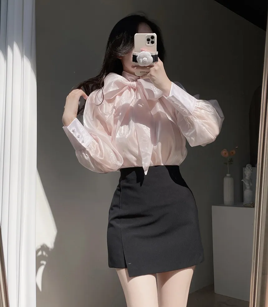 サテンリボン長袖カラーブラウス | mirangmirang | 詳細画像8