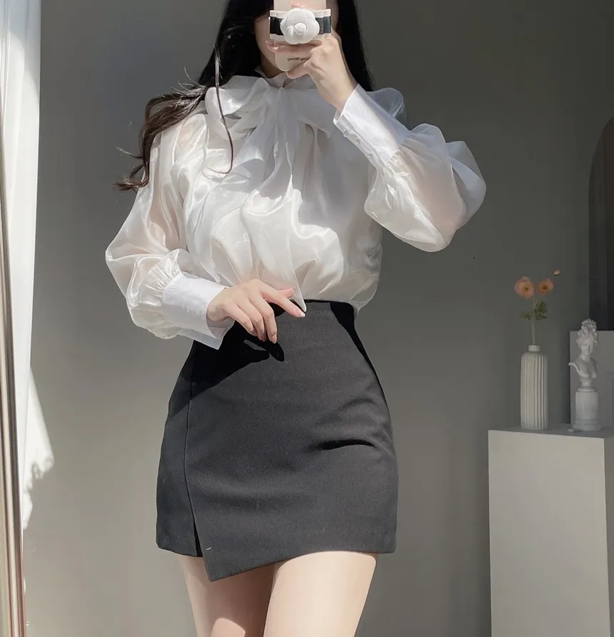 サテンリボン長袖カラーブラウス | mirangmirang | 詳細画像9