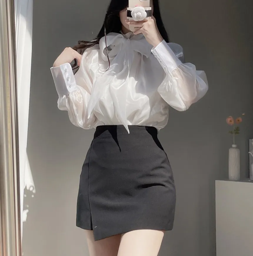 サテンリボン長袖カラーブラウス | mirangmirang | 詳細画像10