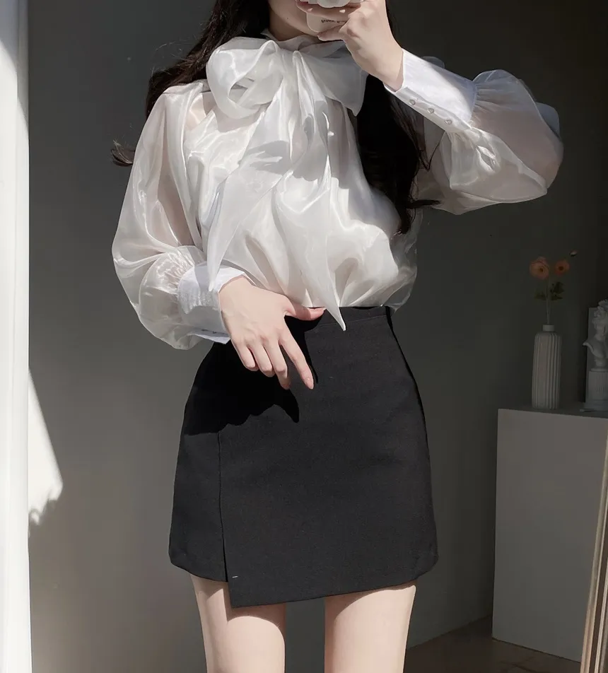 サテンリボン長袖カラーブラウス | mirangmirang | 詳細画像11