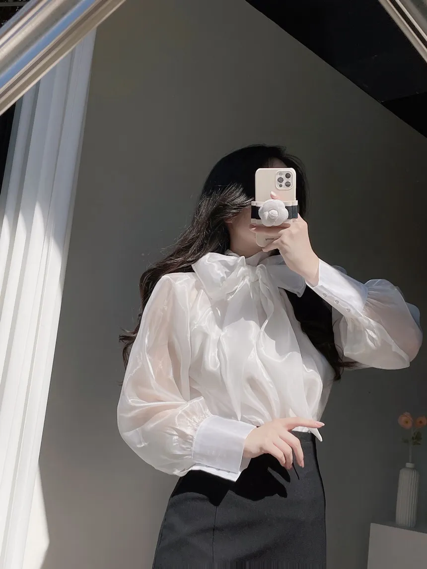 サテンリボン長袖カラーブラウス | mirangmirang | 詳細画像12