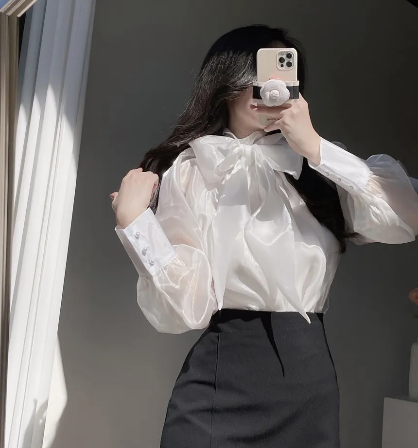 サテンリボン長袖カラーブラウス | mirangmirang | 詳細画像13