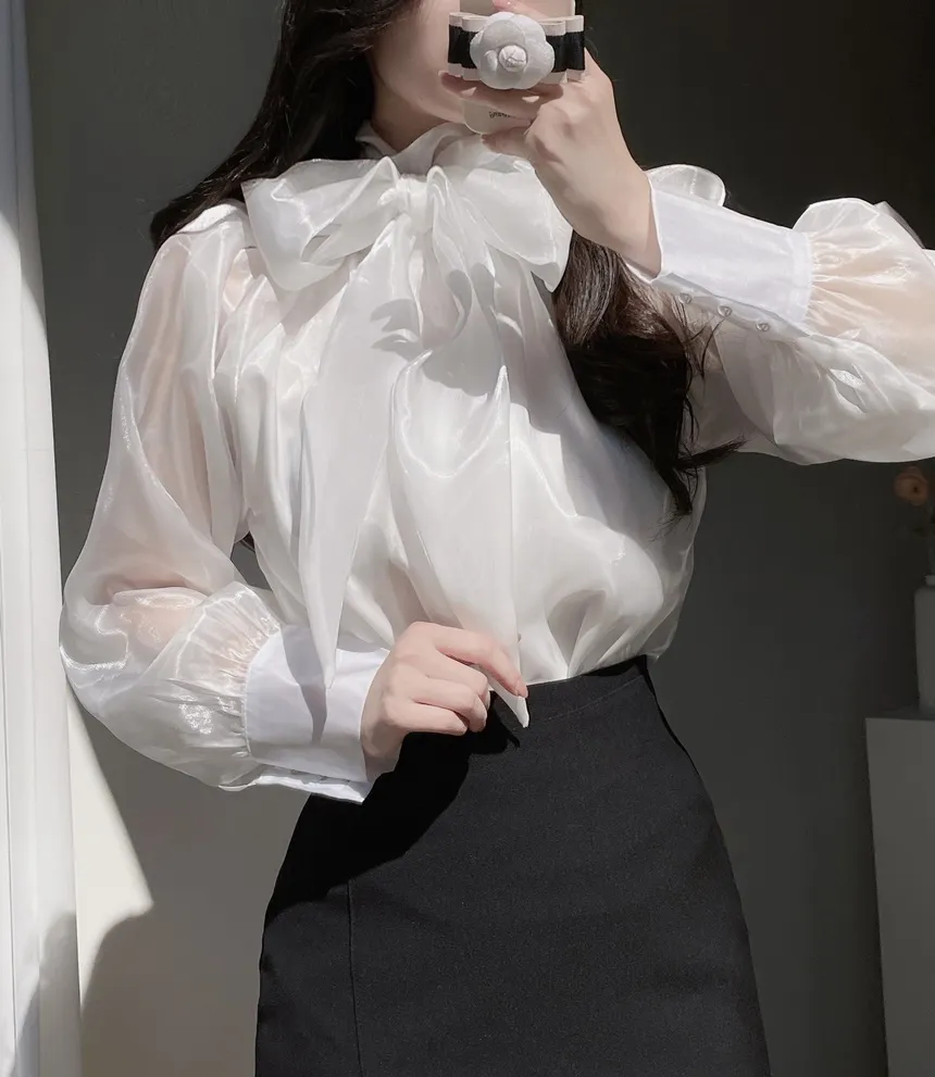 サテンリボン長袖カラーブラウス | mirangmirang | 詳細画像14