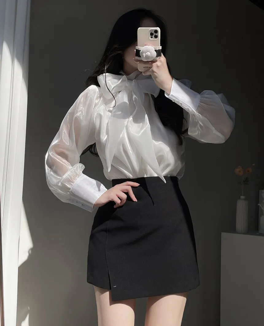 サテンリボン長袖カラーブラウス | mirangmirang | 詳細画像15