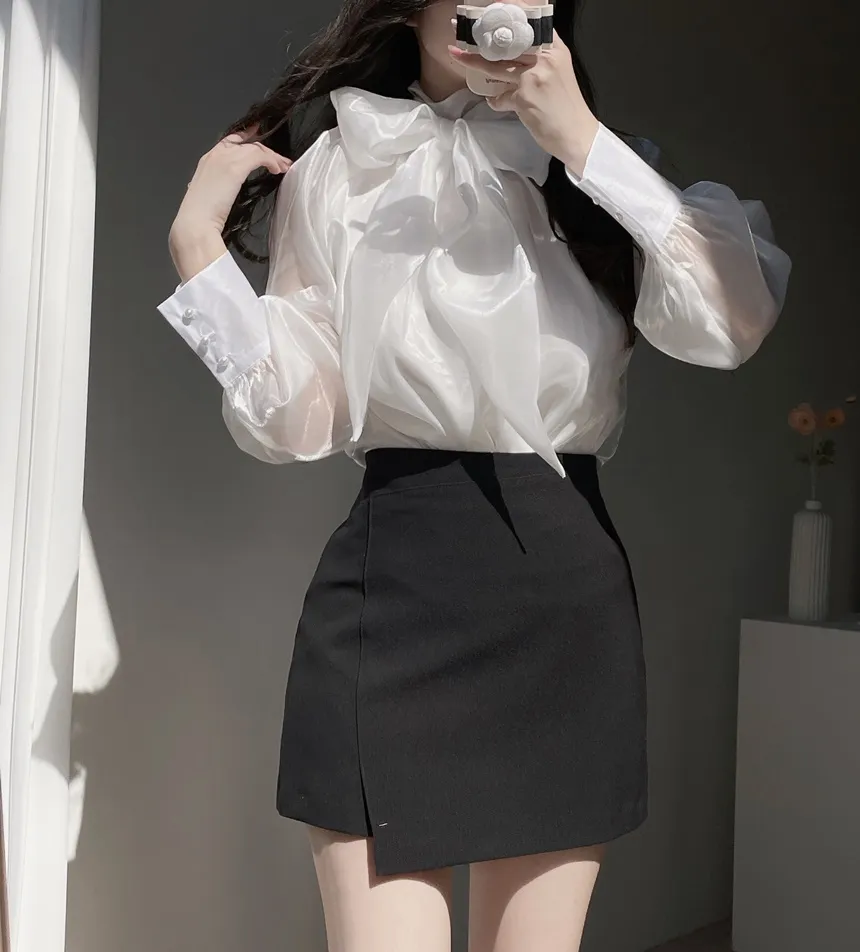 サテンリボン長袖カラーブラウス | mirangmirang | 詳細画像16